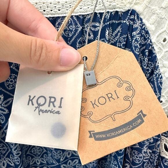 KORI AMERICA | Blue Boho Peasant Top Lace Eyelet Trim NWT | Small - Picture 7 of 8